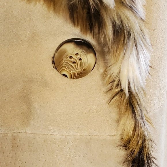 90s Y2K Suede Leather Jacket Faux Fur Leopard Collar Beige Penny Lane Sz Small - Picture 6 of 11